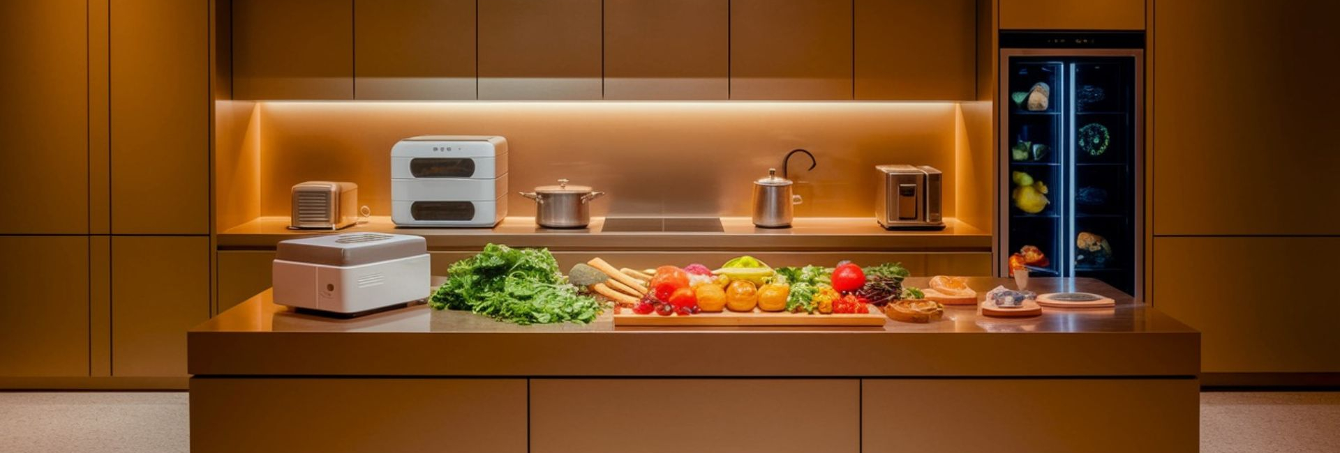 Modern kitchen with futuristic appliances and fresh food on the counter