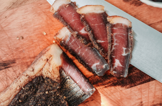 Sliced Biltong on cutting board
